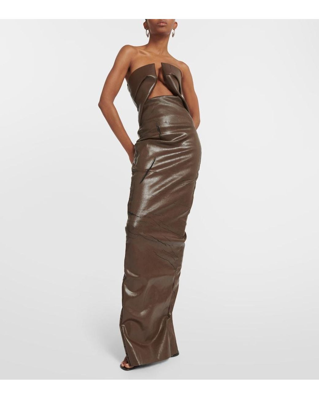 Rick Owens Brown Strapless Coated Denim Gown