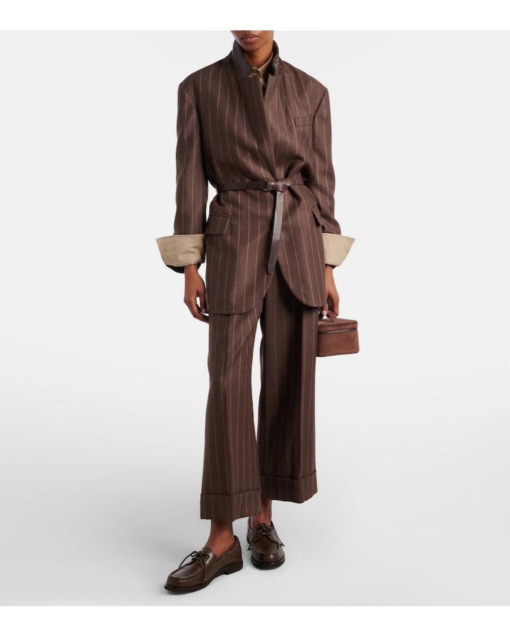 Brunello Cucinelli Brown Chalk Stripe Wool Cropped Flared Pants
