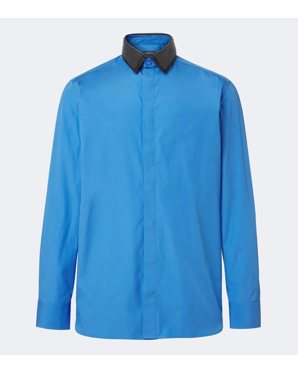 Tom Ford Blue Leather-Trimmed Studded Cotton Poplin Shirt for men