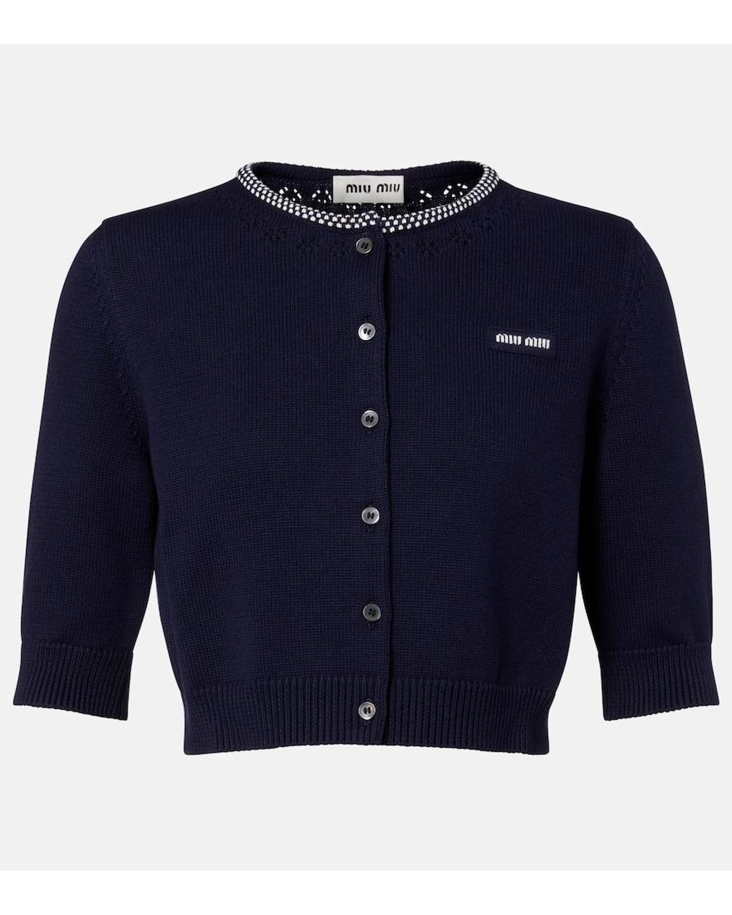 Miu Miu Blue Logo Cropped Cotton Cardigan