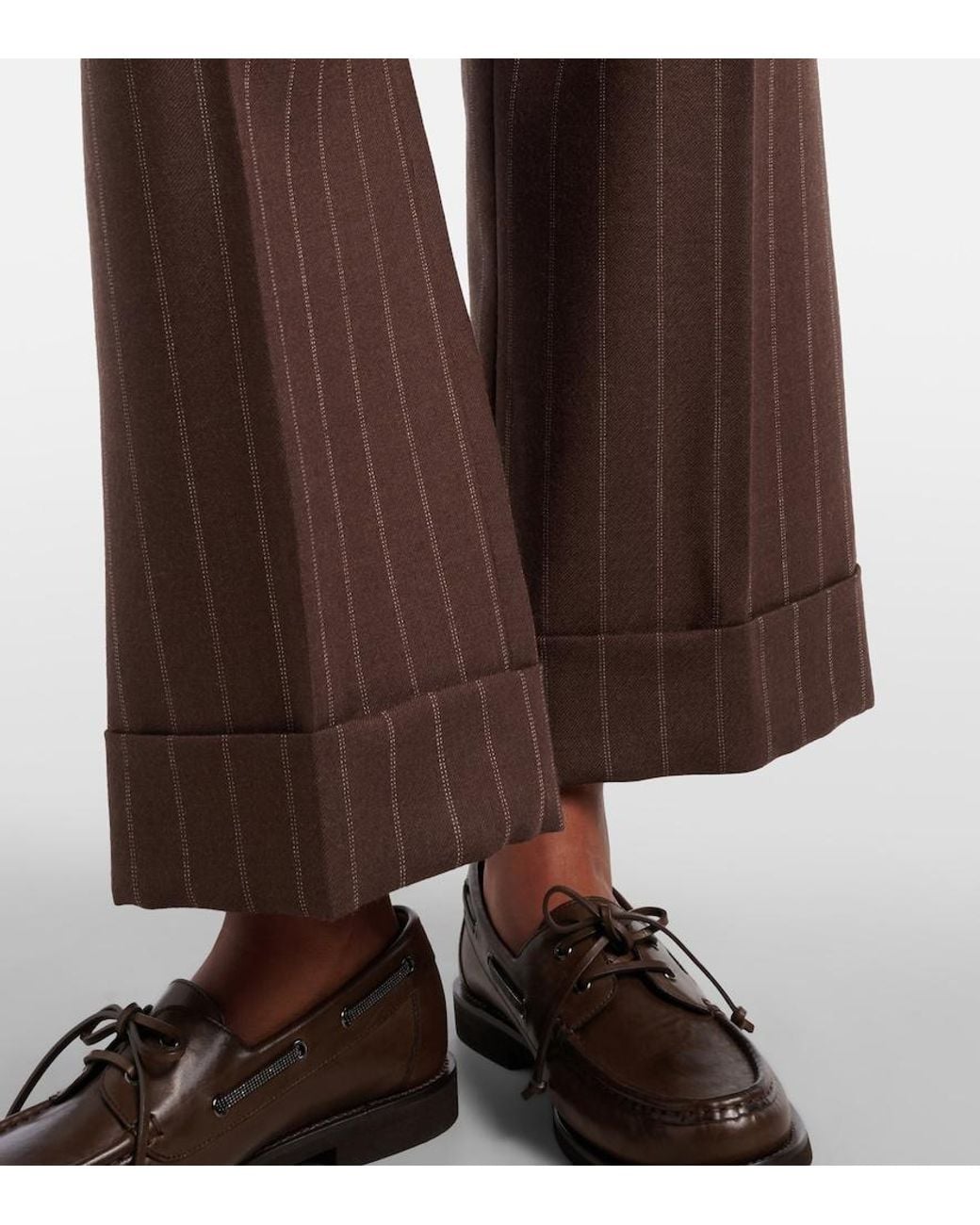 Brunello Cucinelli Brown Chalk Stripe Wool Cropped Flared Pants
