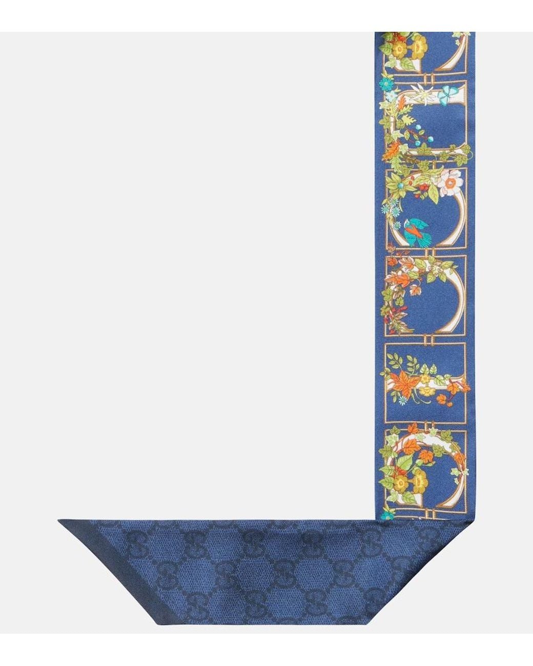 Gucci Blue Gg Floral Printed Silk Scarf