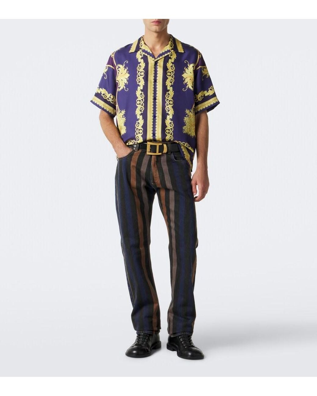 Versace Blue Barocco Silk Twill Shirt for men