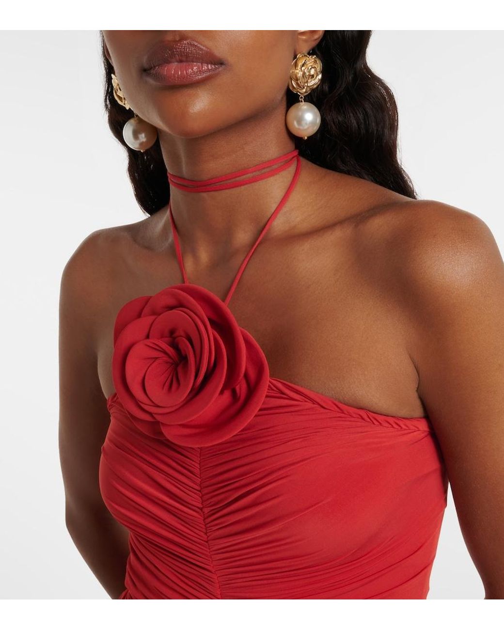 Magda Butrym Red Floral-Applique Ruched Jersey Midi Dress