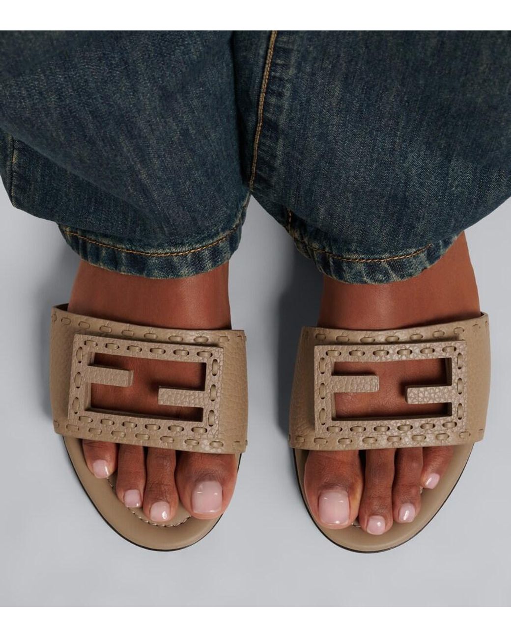 Fendi Brown Tube Ff Leather Slides