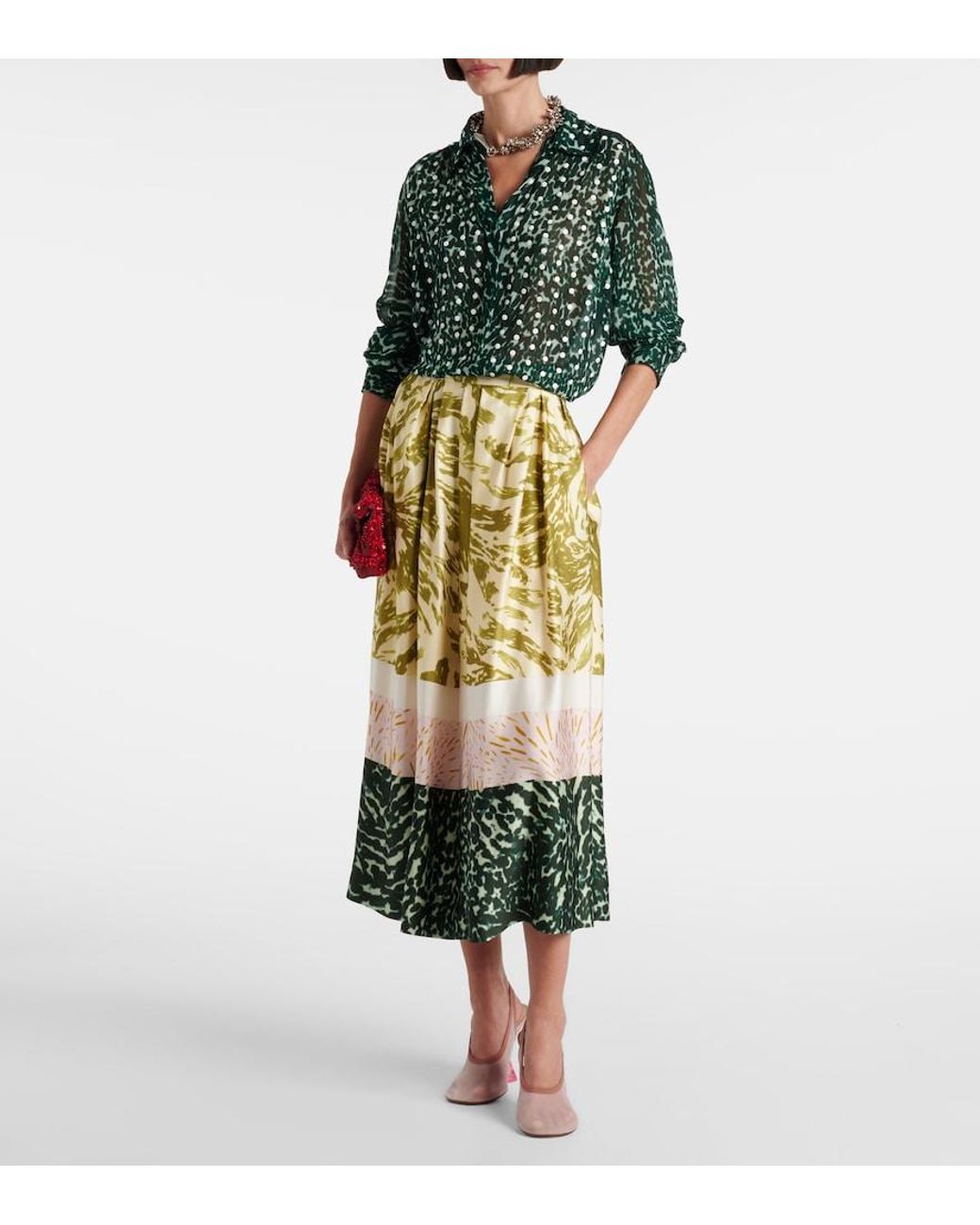 Dries Van Noten Metallic Printed Satin Midi Skirt