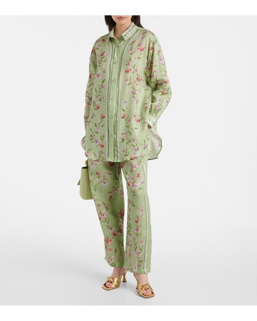 Agua Bendita Green Florecer Honeysuckle Linen Wide-Leg Pants