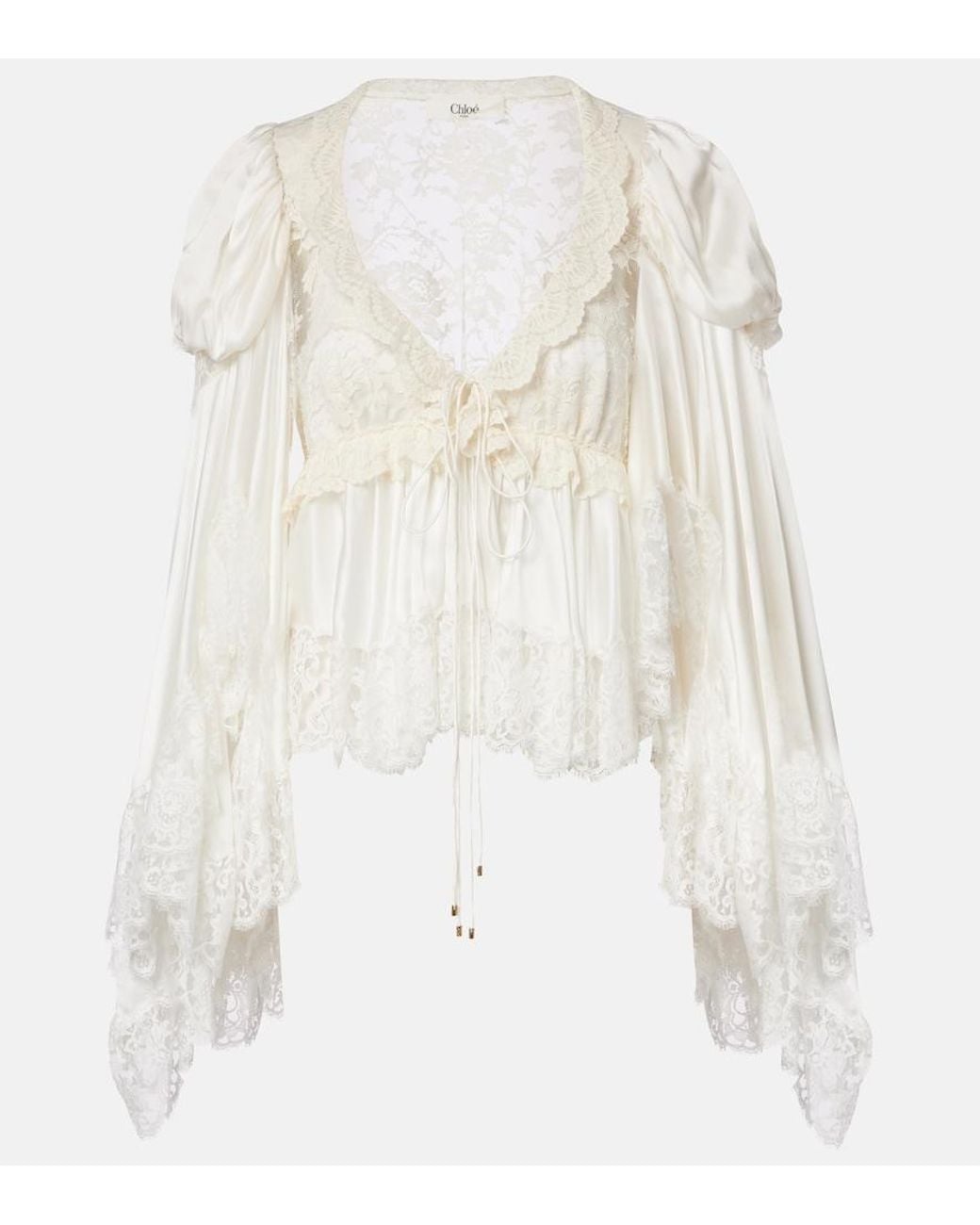 Chloé White Lace-Trimmed Silk Satin Top