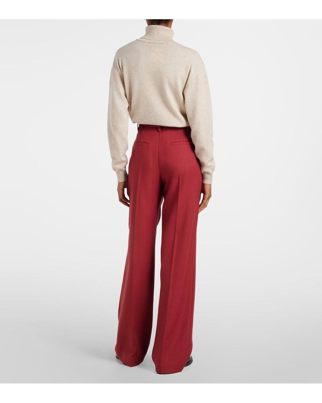 Brunello Cucinelli Red High-Rise Virgin Wool Twill Straight Pants
