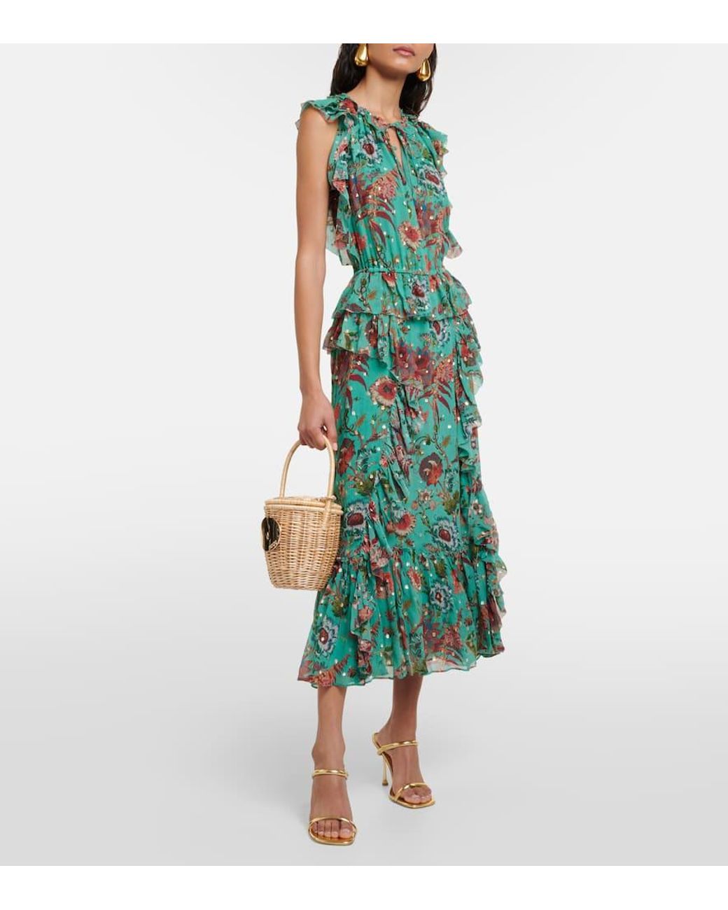 Ulla Johnson Adrienne Silk Chiffon Midi Dress in Green | Lyst Canada