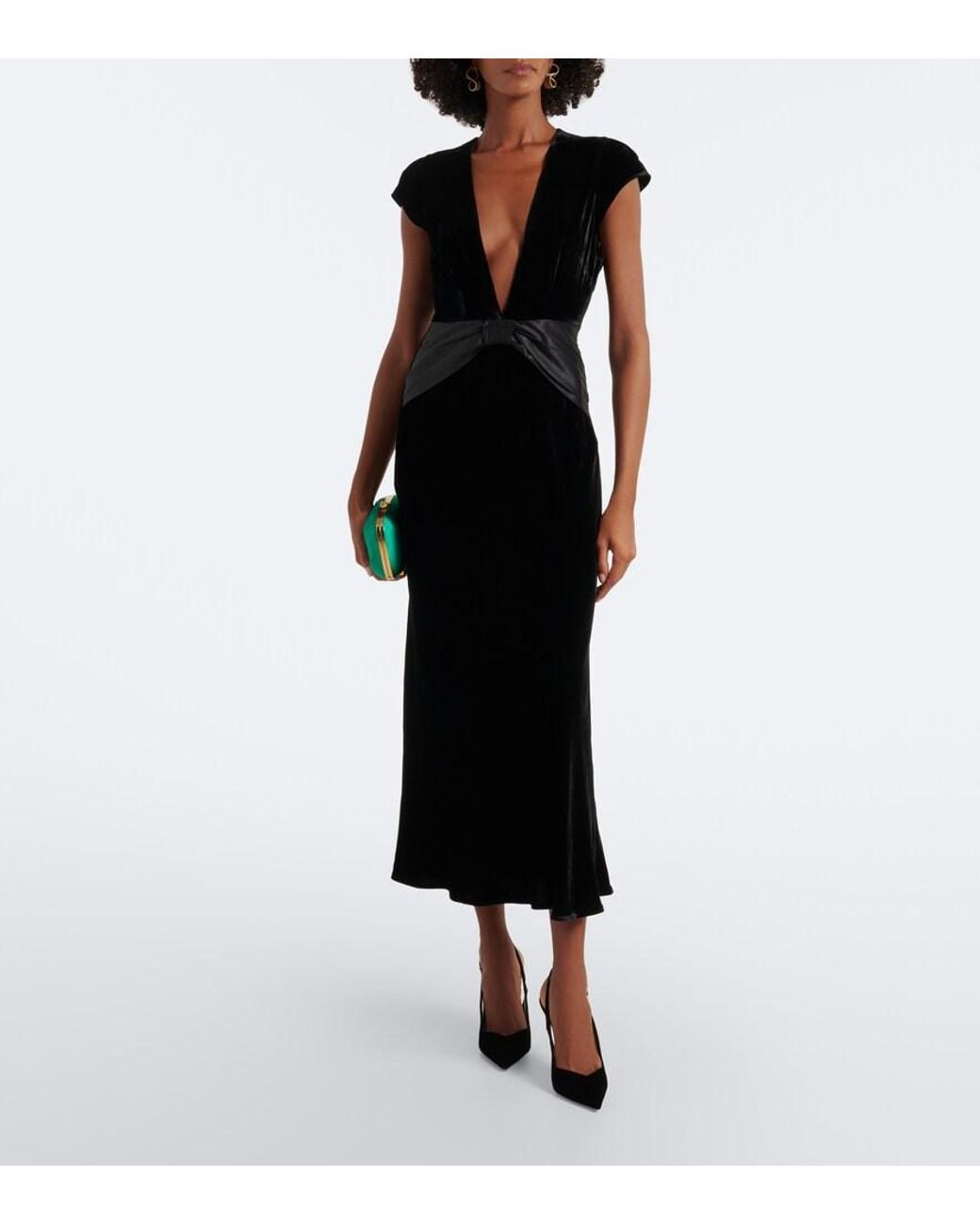Rixo Black Arlette Draped Velvet Midi Dress
