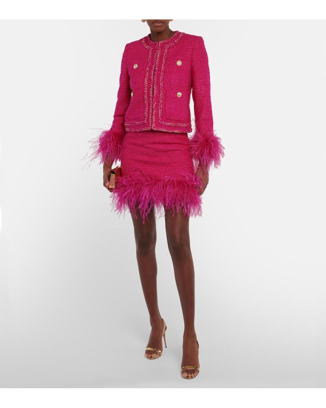 Rebecca Vallance Pink Feather-trimmed Tweed Miniskirt