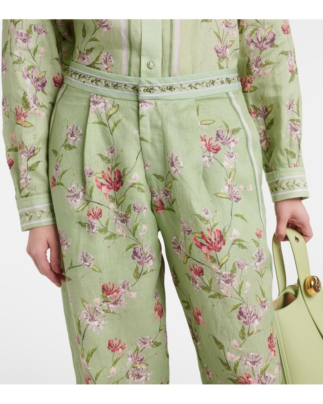 Agua Bendita Green Florecer Honeysuckle Linen Wide-Leg Pants
