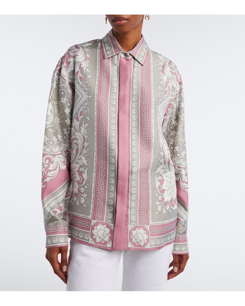 Camisa Greca De Sarga De Seda Estampada Versace de color Pink