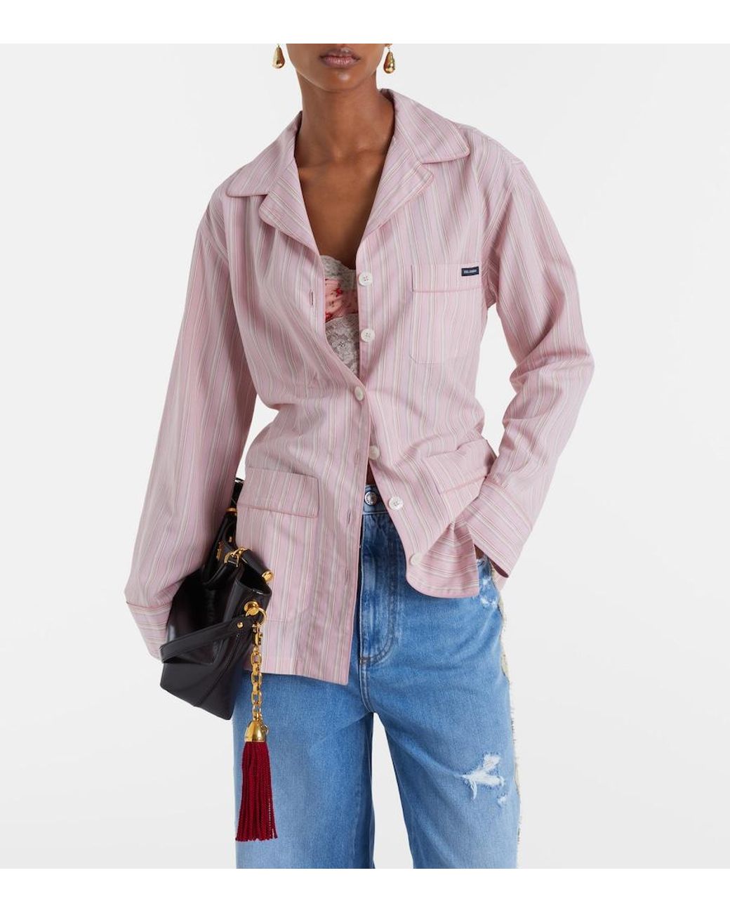 Dolce & Gabbana Pink Belted Striped Shirt