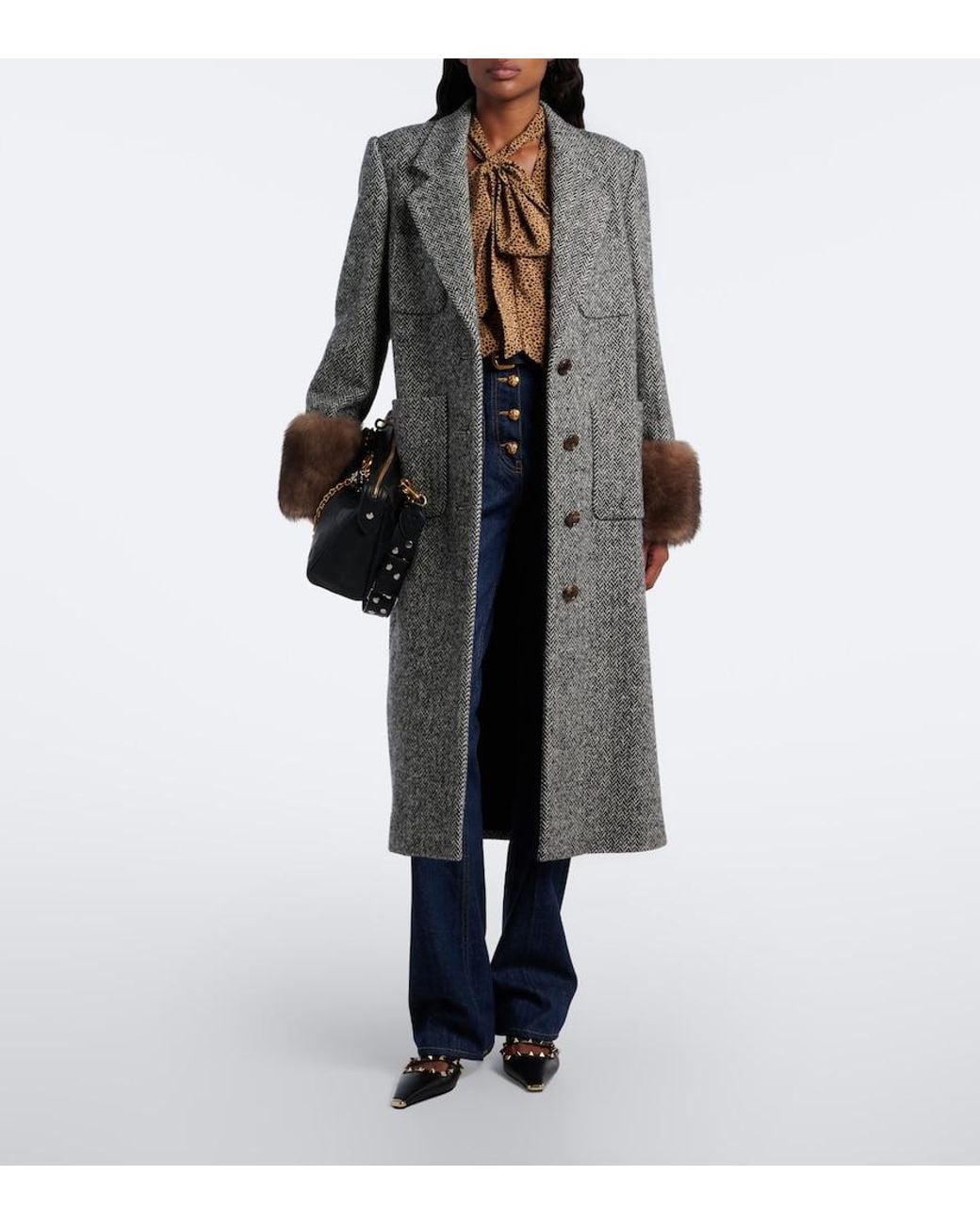 Valentino Garavani Gray Herringbone Shearling-Trimmed Wool-Blend Coat