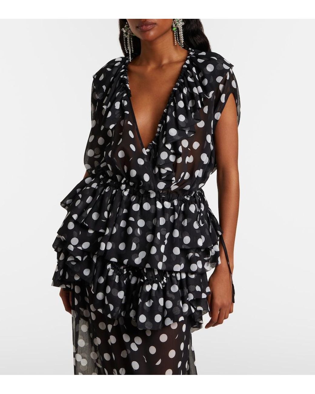 Dries Van Noten Black Polka-Dot Ruffled Top