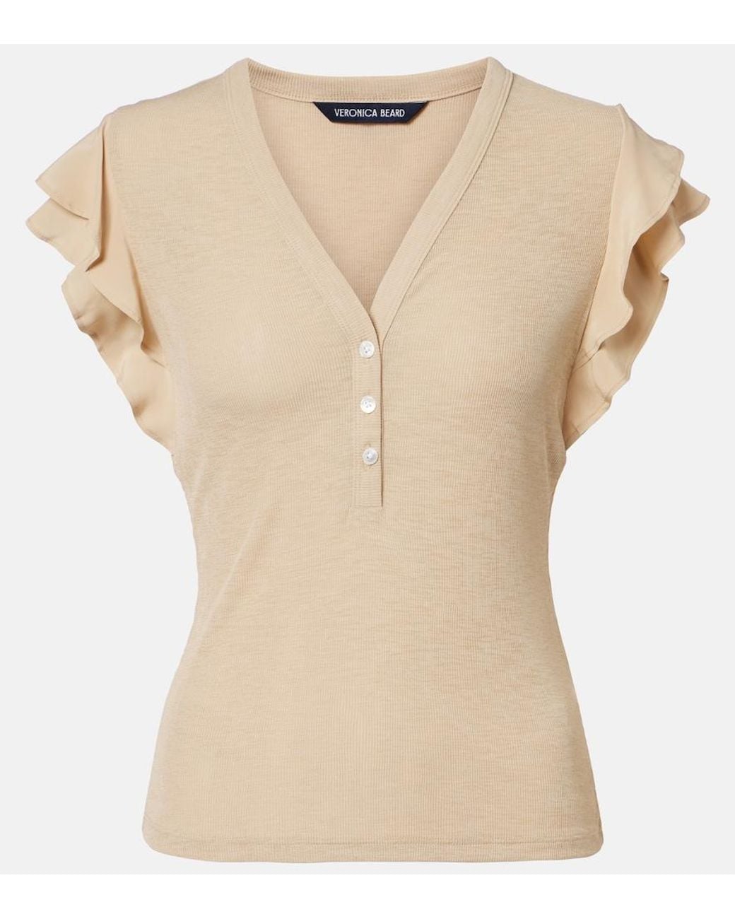 Veronica Beard Natural Aphrodite Ribbed-Knit Ruffled Top