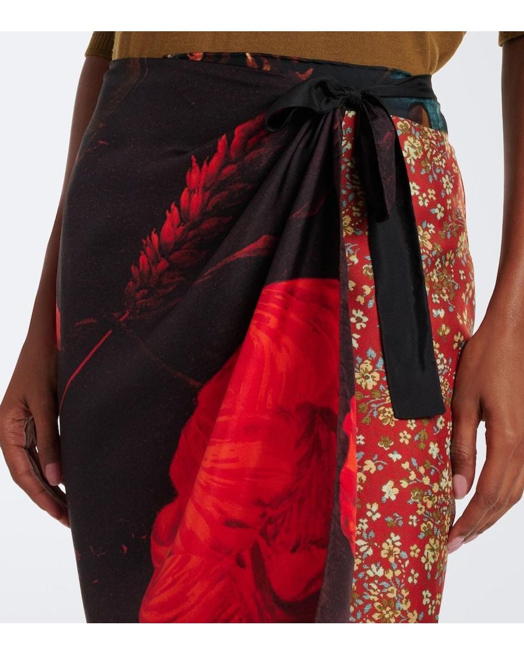 Dries Van Noten Red Printed Silk Wrap Skirt