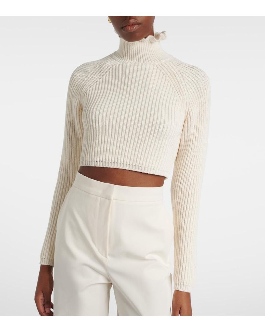 Max Mara White Campo Ribbed-Knit Cropped Turtleneck Sweater