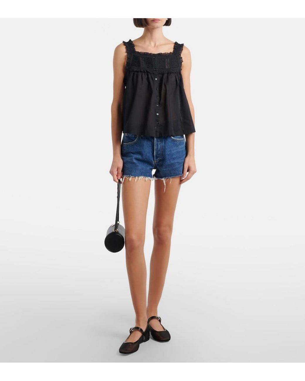 Doen Black Fidella Lace-Trimmed Cotton Top