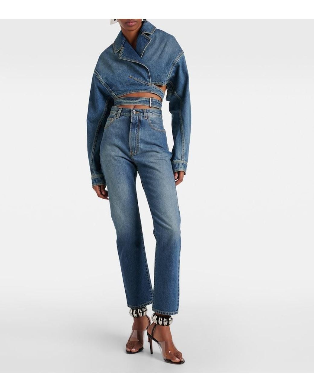 Chaqueta Envolvente Cropped De Denim Alaïa de color Blue