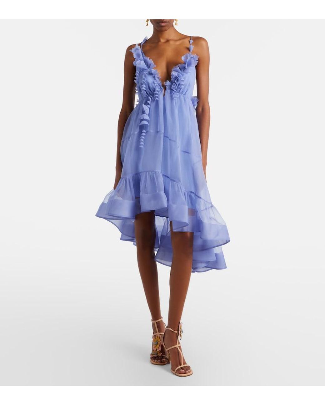 Zimmermann Blue Como Asymmetric Floral-Applique Silk Minidress