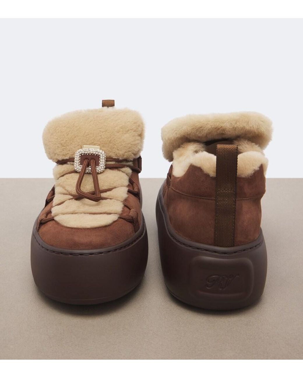 Roger Vivier Brown Viv' Up Shearling And Suede Sneakers