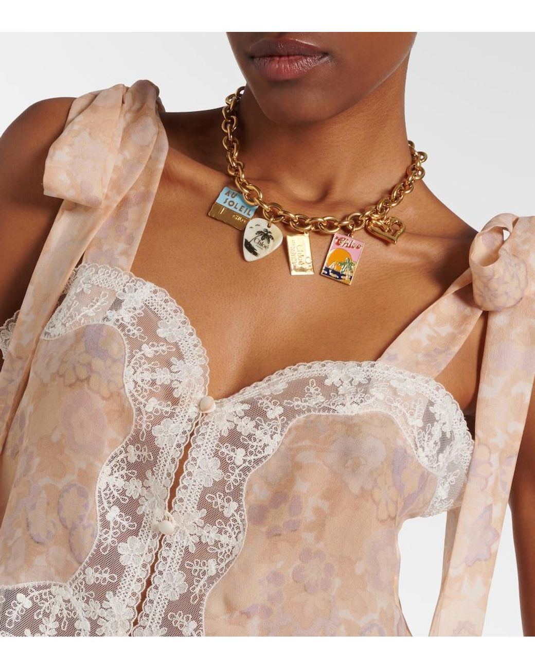 Chloé White Cropped Bow-Detailed Lace-Trimmed Floral-Print Silk-Charmeuse Top