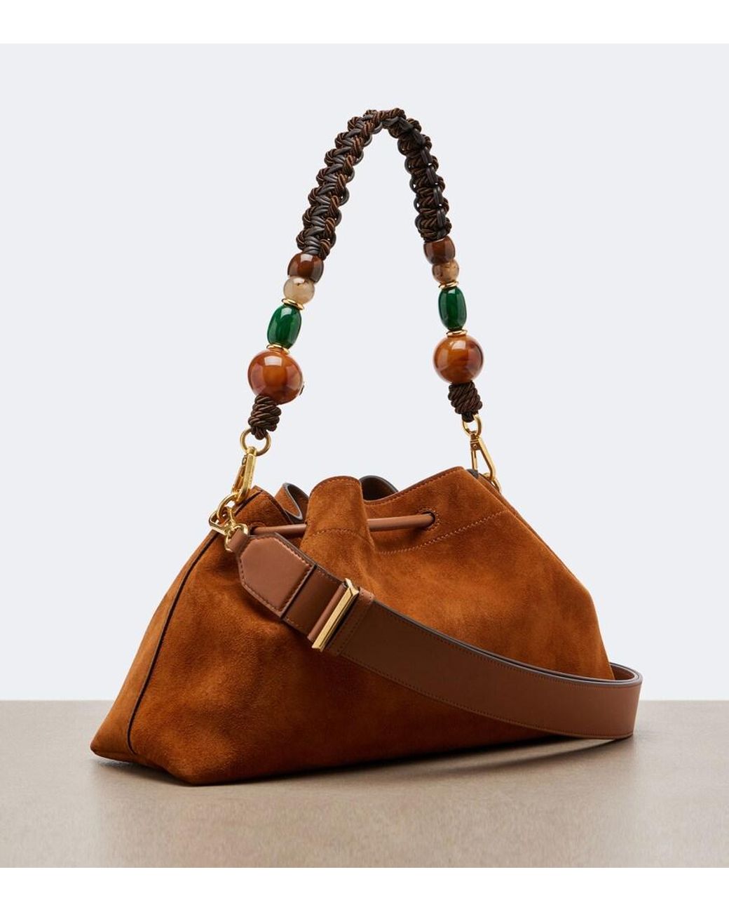 Jimmy Choo Brown Cinch Medium Beaded Suede Bucket Bag