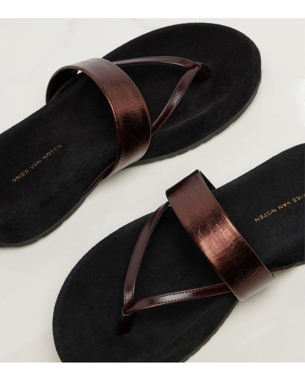Dries Van Noten Black Metallic Leather Thong Sandals