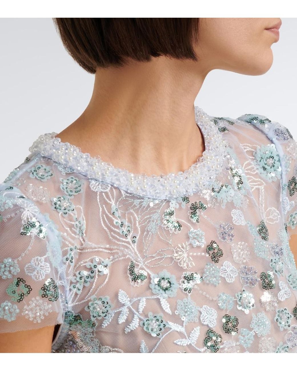 Self-Portrait Blue Floral Sequined Tulle Midi Dress