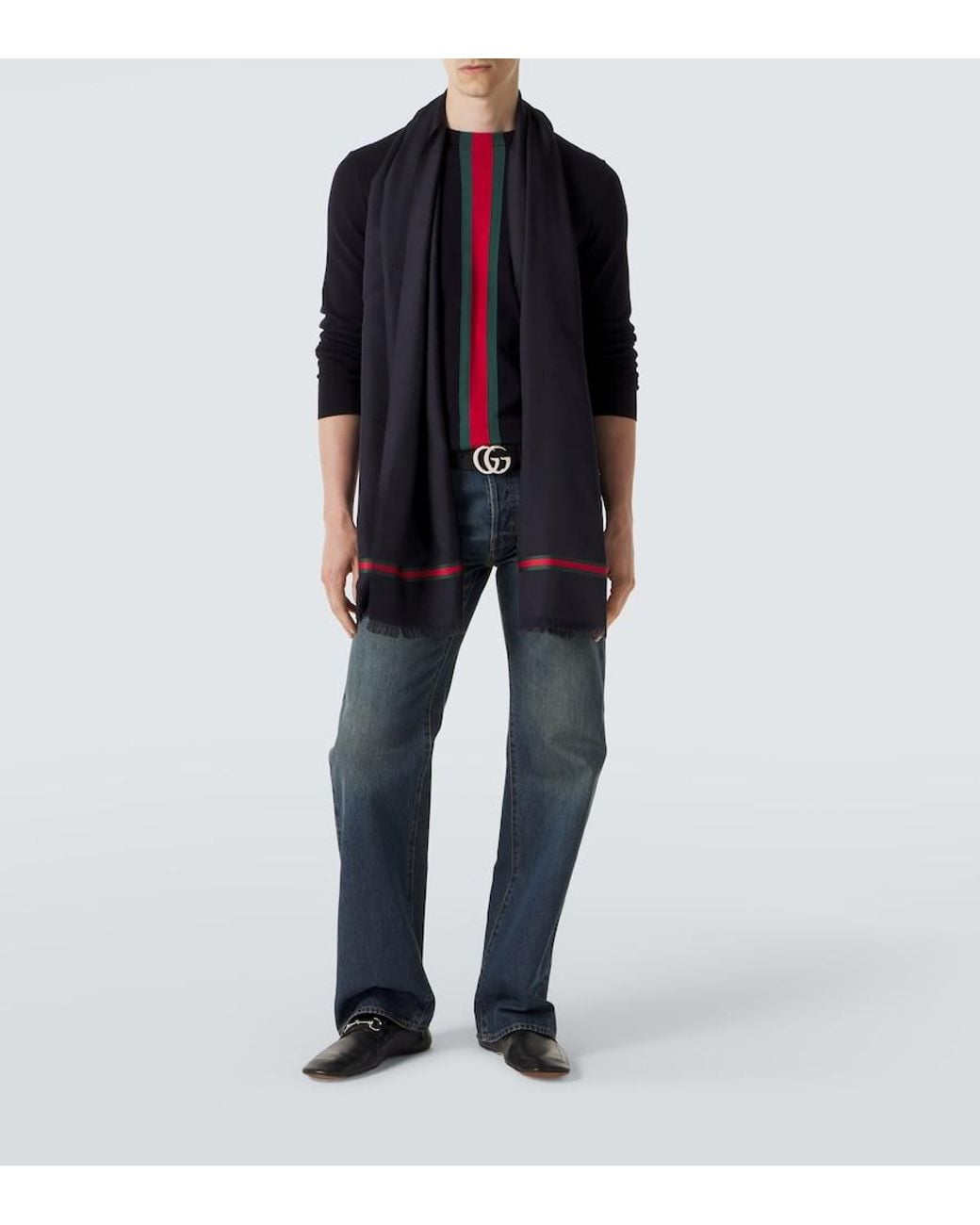 Gucci Black Web Stripe Wool And Silk Scarf for men