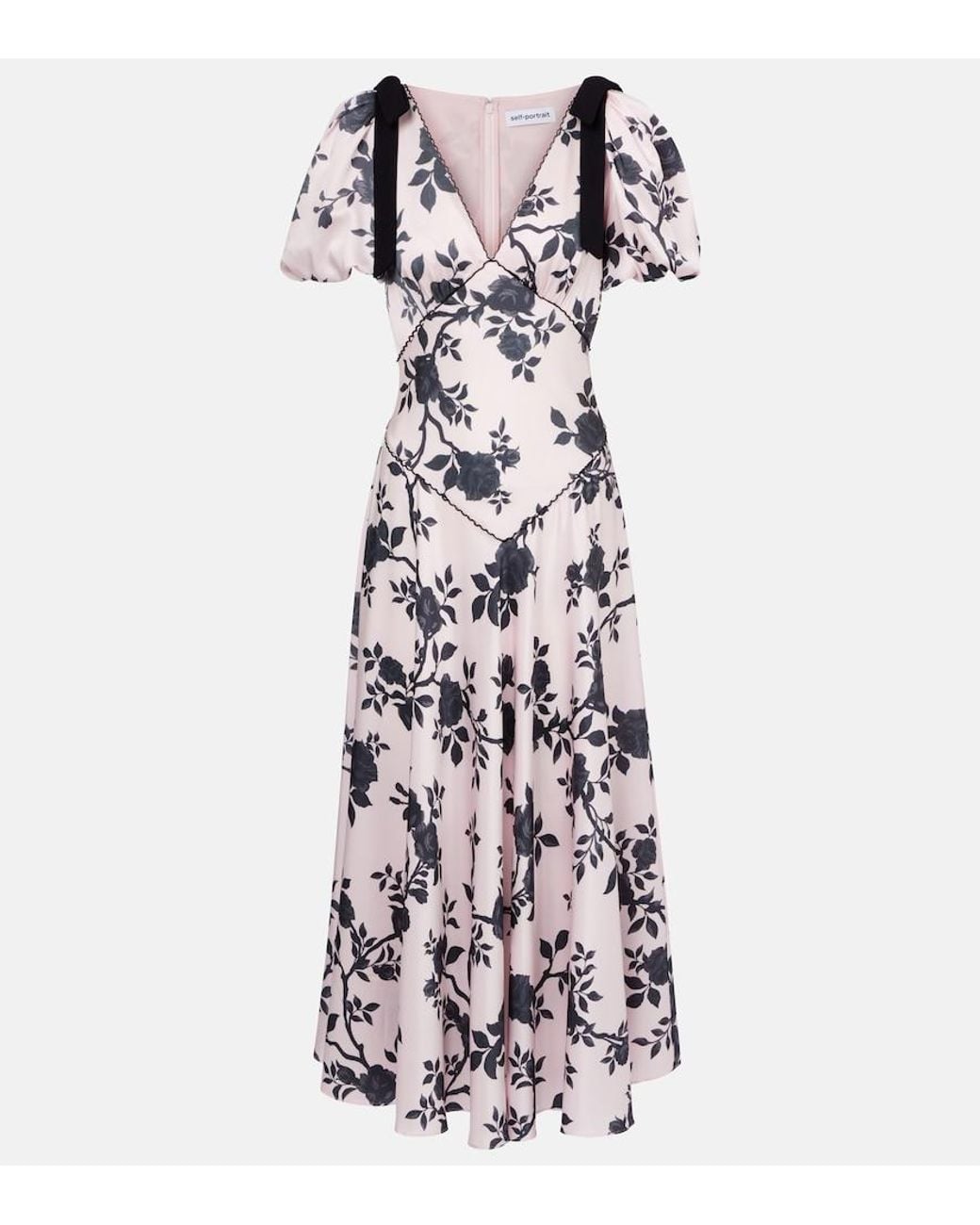 Self-Portrait White Floral Bow-Detail Satin Midi Dress