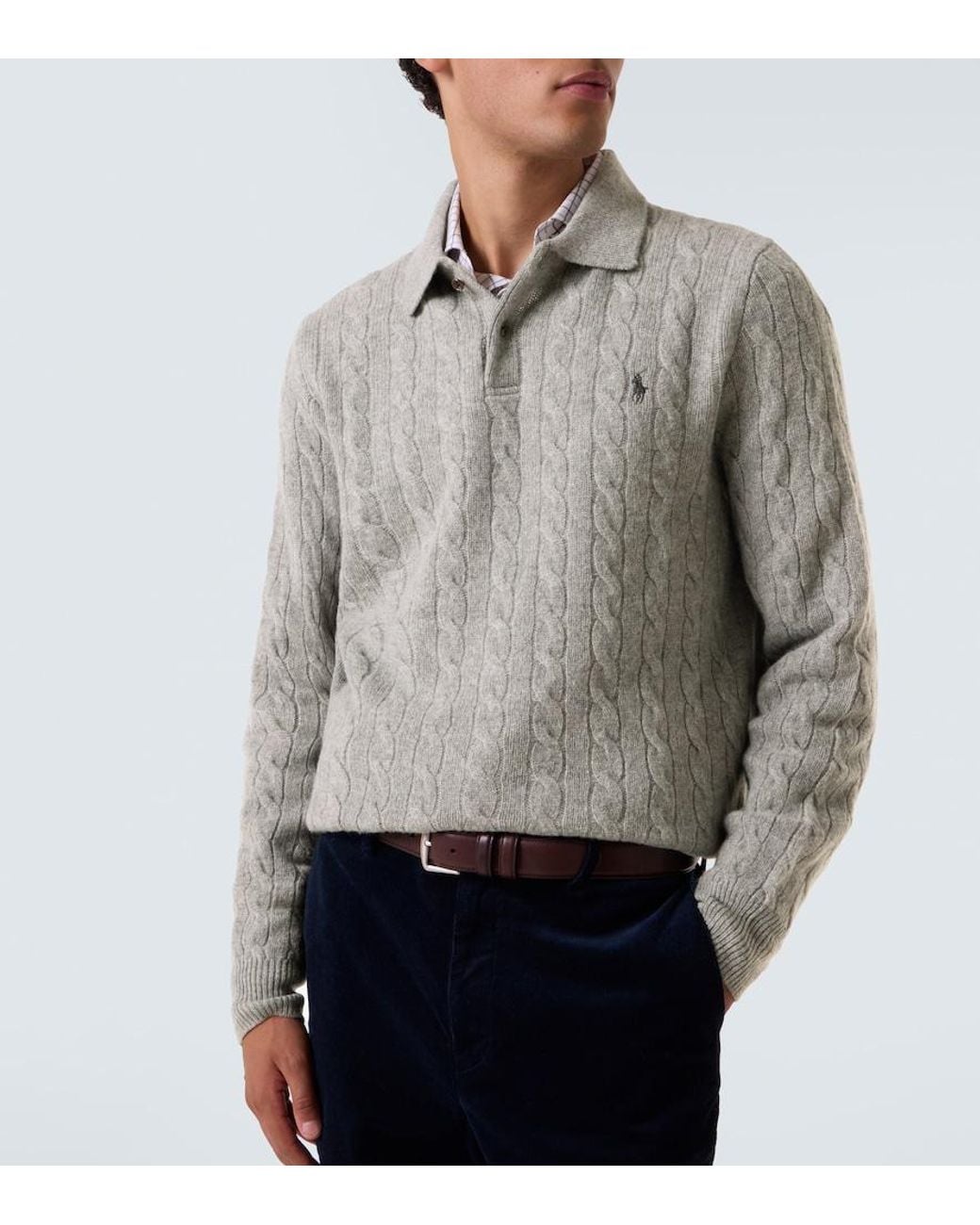 Polo Ralph Lauren Gray Cable-Knit Wool And Cashmere Polo Sweater for men