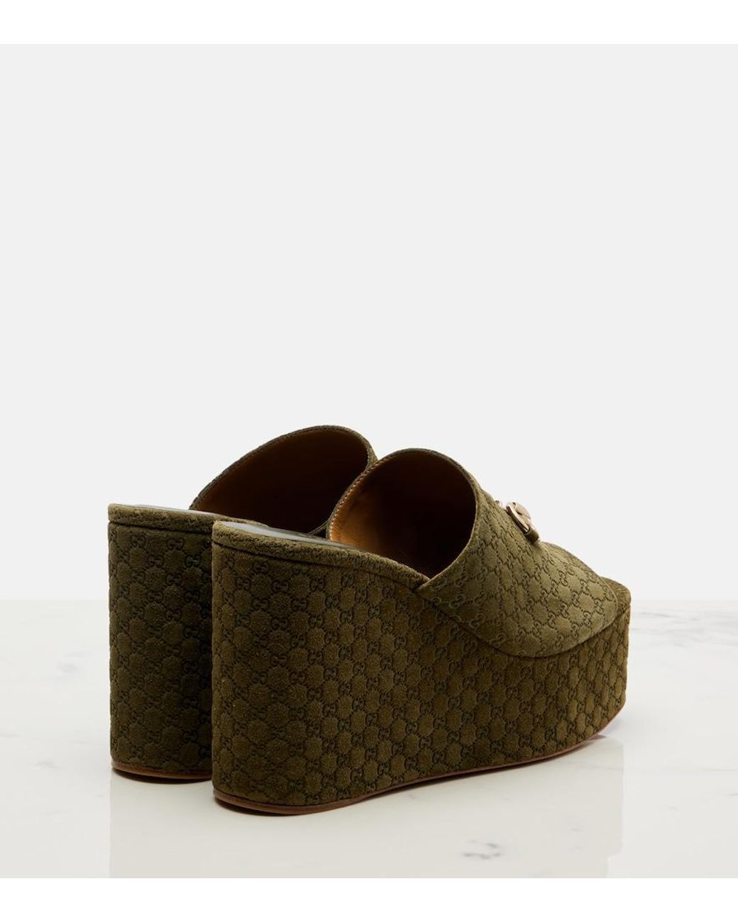 Gucci Green Horsebit Gg Suede Wedge Mules