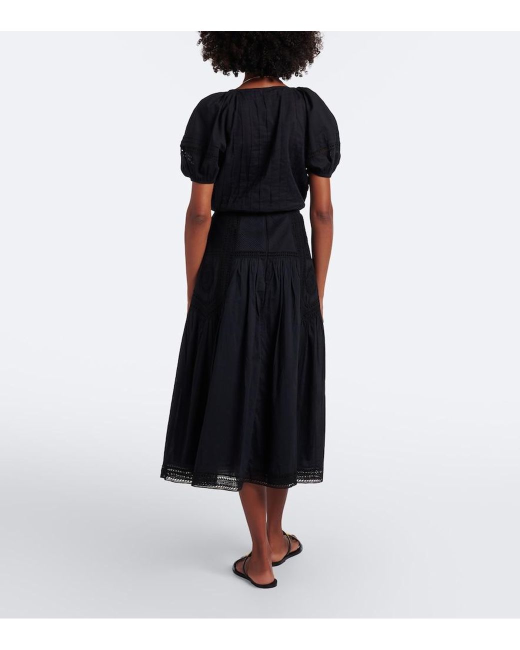 Ulla Johnson Black Alice Embroidered Tiered Cotton Midi Skirt
