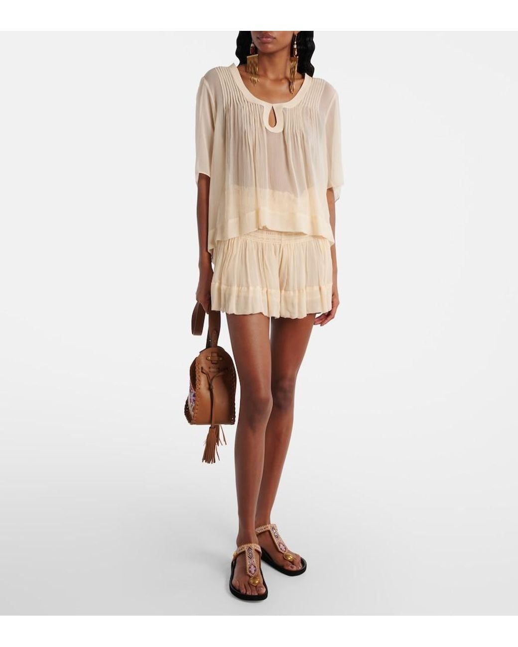 Isabel Marant Natural Maelly Shirred Silk Shorts