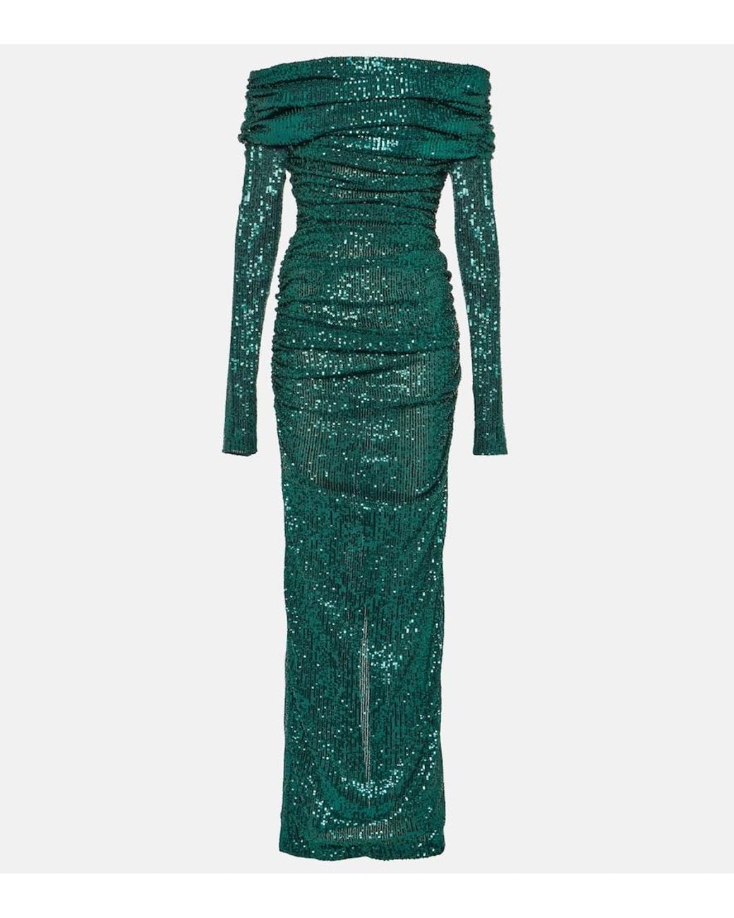 Dolce & Gabbana Green Off-Shoulder Sequined Gown