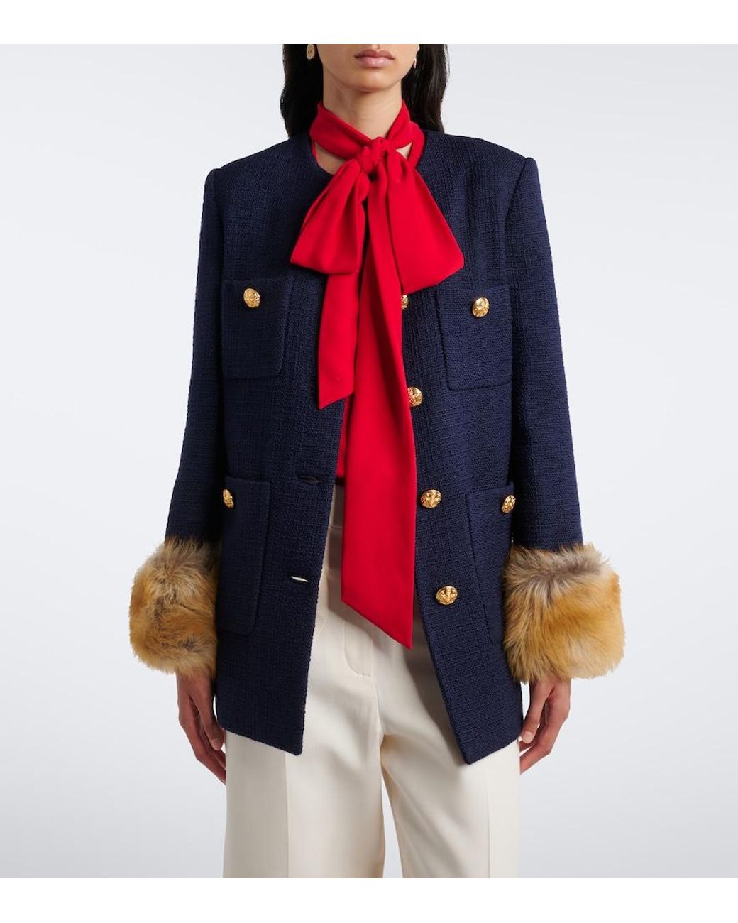 Valentino Garavani Blue Shearling-Trimmed Wool-Blend Tweed Jacket