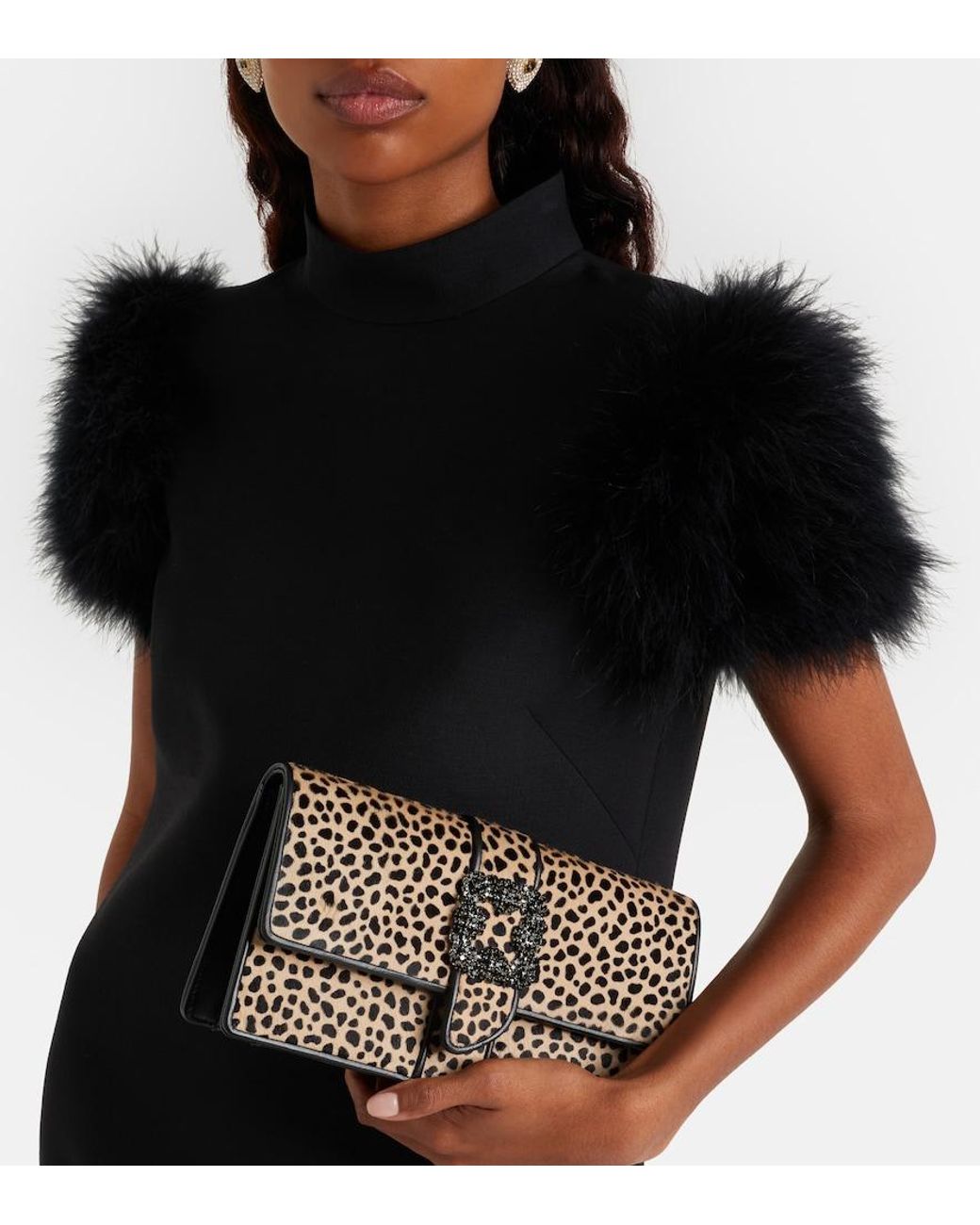 Manolo Blahnik Black Capri Embellished Calf Hair Clutch
