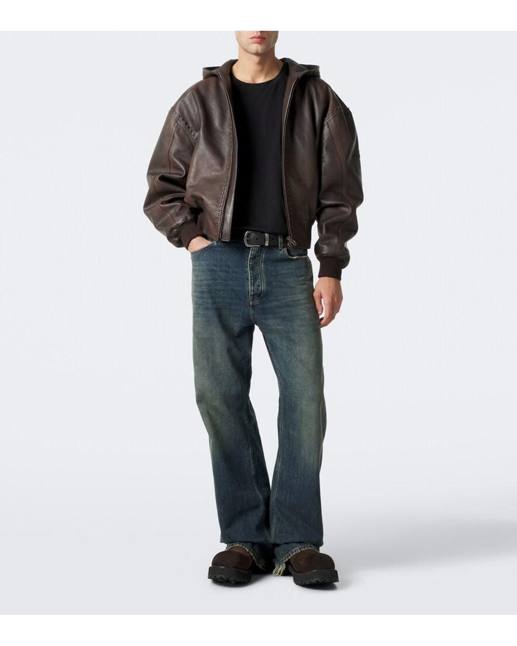 Balenciaga Brown Studded Hooded Leather Jacket for men