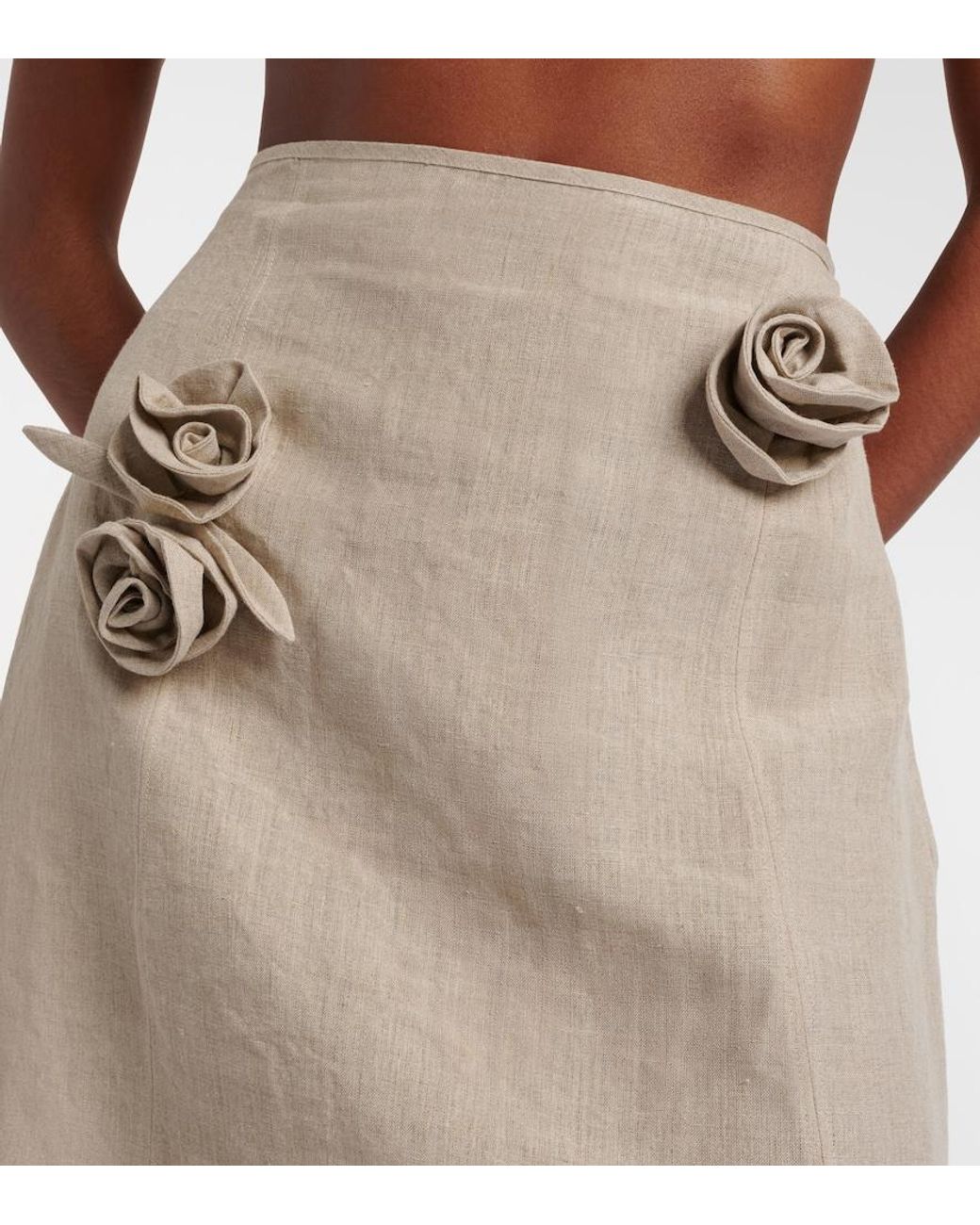 Coperni Natural Floral-Applique Asymmetric Linen Midi Skirt