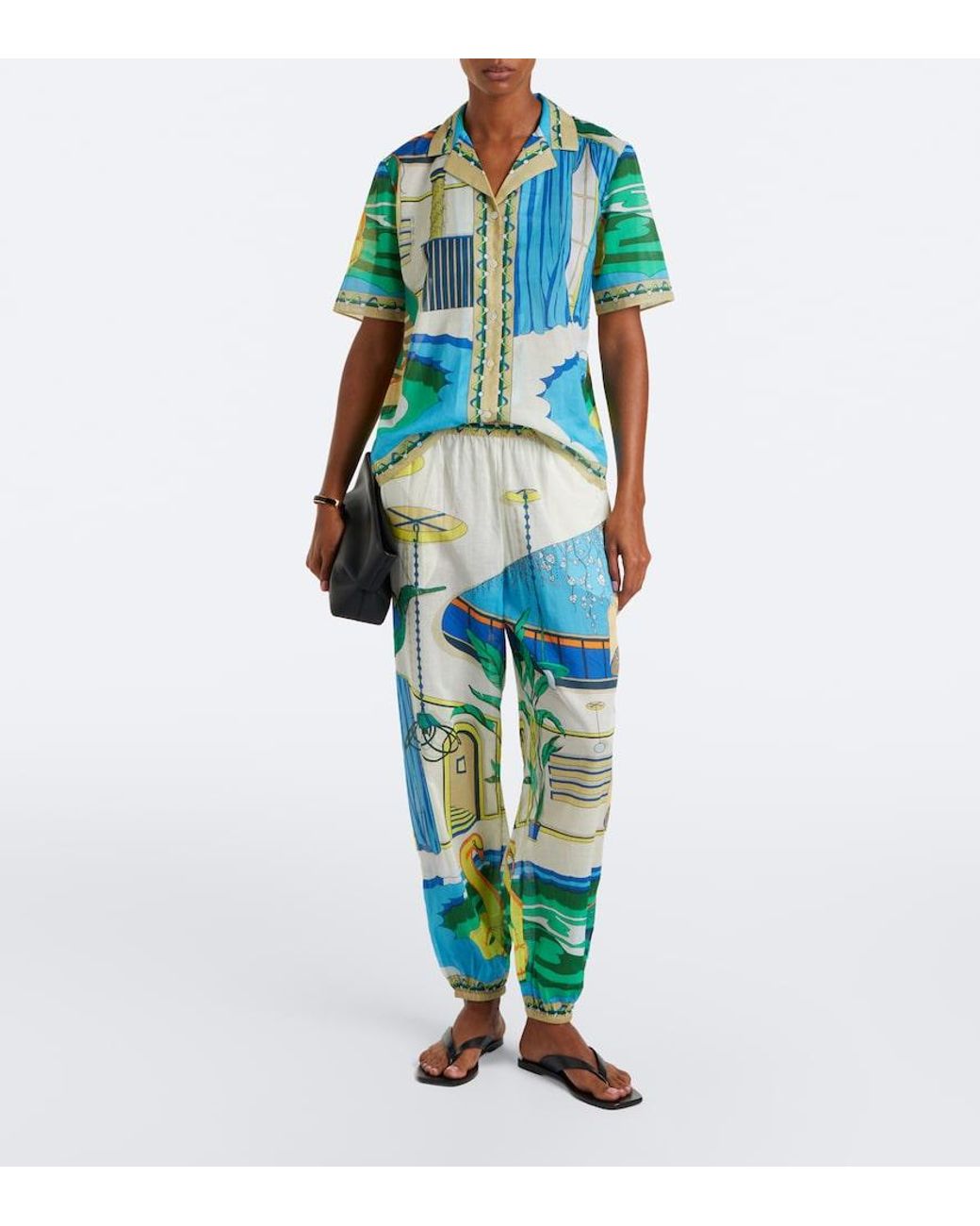 Tory Burch Blue Printed Cotton Poplin Bowling Shirt