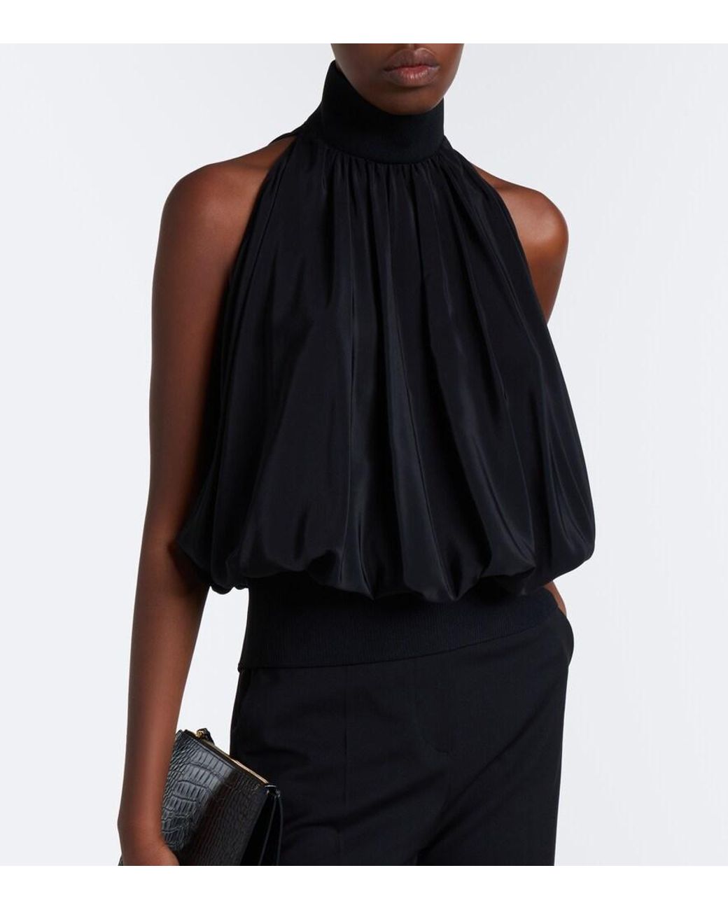 Sportmax Black Draped Halterneck Silk Satin Top