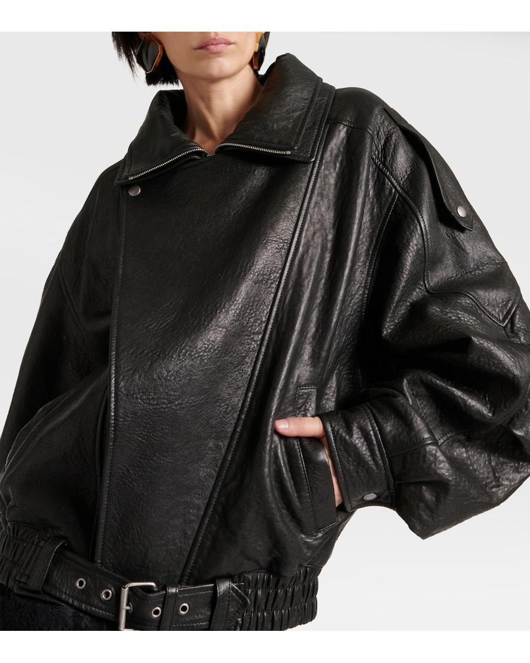 Saint Laurent Black Oversized Leather Bomber Jacket