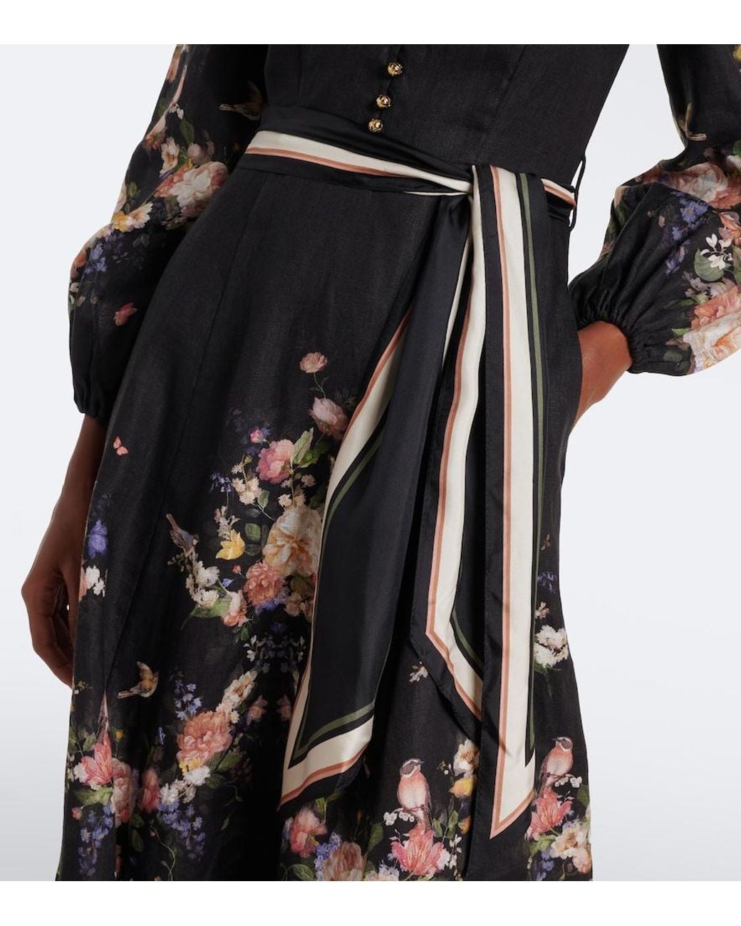 Zimmermann Black Valiant Belted Floral Linen Midi Dress