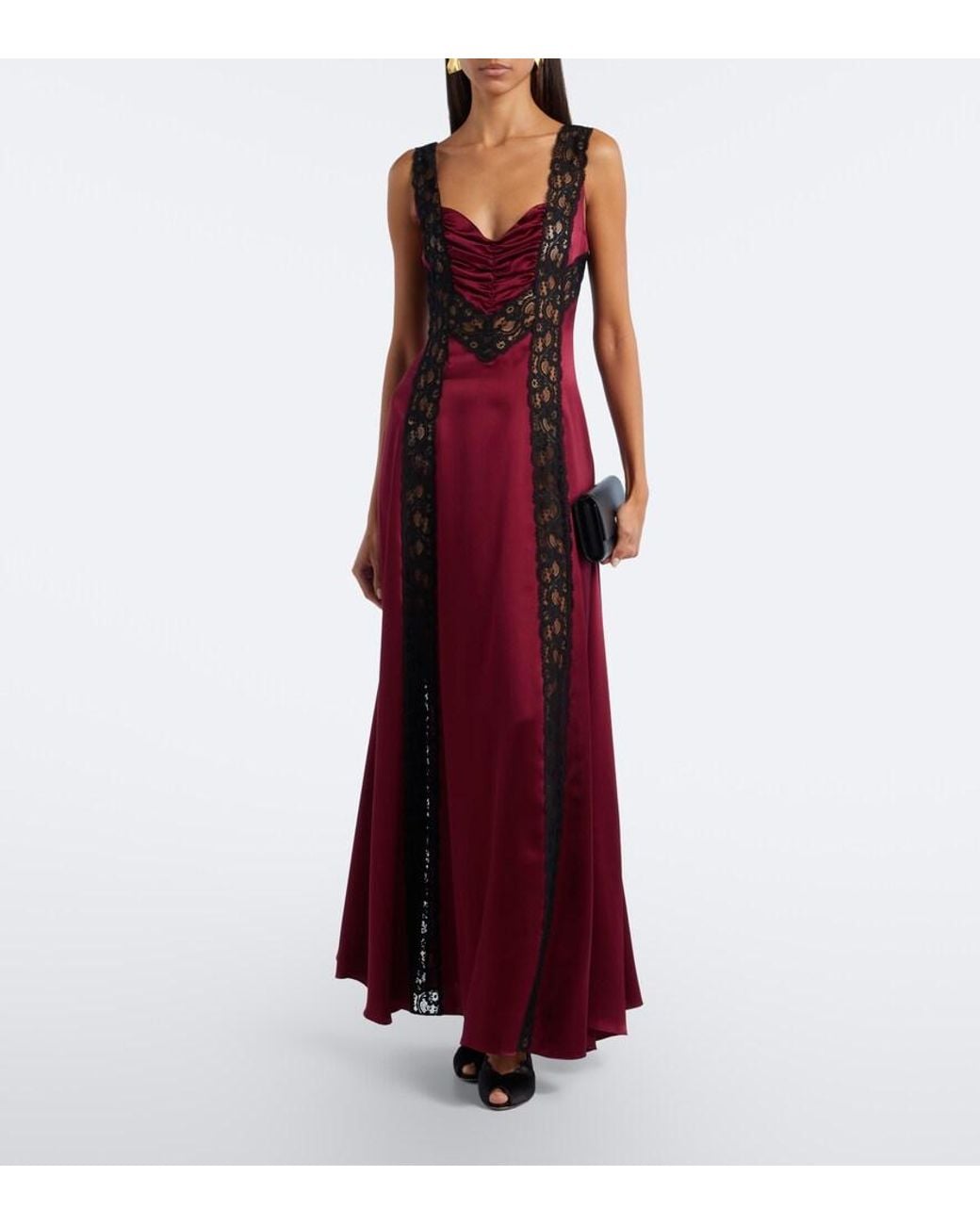 Rodarte Purple Ruched Lace-Trimmed Silk Satin Gown