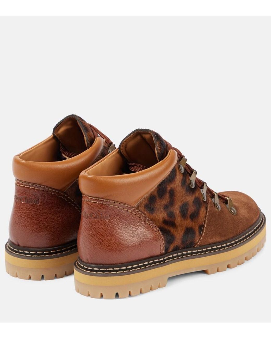 See By Chloé Brown Eileen Leopard-Print Suede Lace-Up Boots