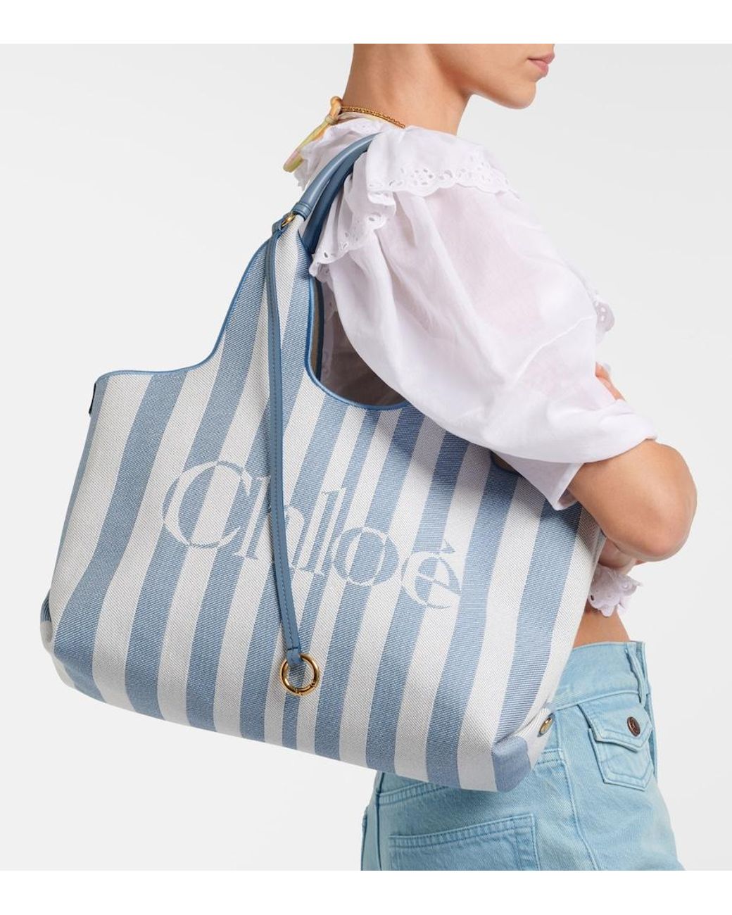 Chloé Blue Stripy Large Logo Canvas Tote Bag